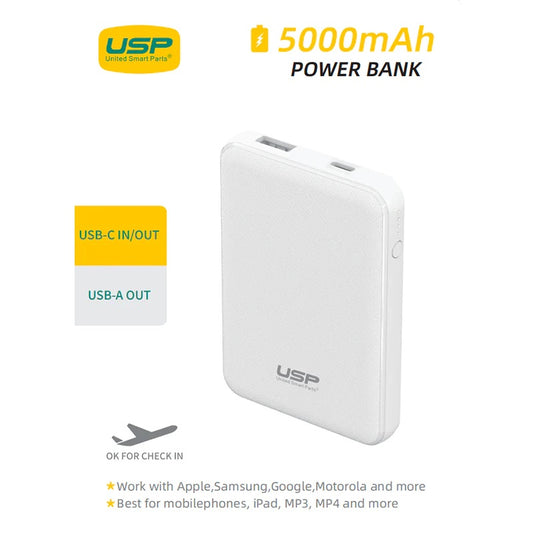 EOL USP Mini 5K mAh Power Bank (18.5W) with Dual Ports (USB-C + USB-A) White - LED Power Indicator, Fast  Safe,Intelligent Charging,Meet Airport Avia