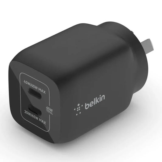 Belkin BoostCharge Pro 65W USB-C (PD 3.0) PPS Dual GaN Wall Charger - Black (WCH013auBK), Compact Laptop Charger, Travel-Ready, 2 Years Warranty