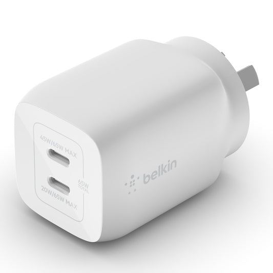 Belkin BoostCharge Pro 65W USB-C  (PD 3.0) PPS Dual GaN Wall Charger - White (WCH013auWH), Compact Laptop Charger, Travel-Ready, 2 Years Warranty