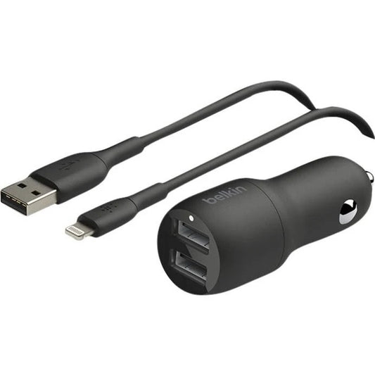 Belkin BoostCharge Dual USB-A Car Charger 24W + Lightning to USB-A Cable (1M) - Black (CCD001bt1MBK), 2x USB-A (12W), CEW $2500, 2 Years Warranty