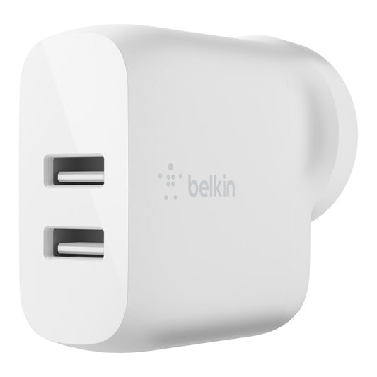 Belkin BoostCharge 24W Dual USB-A Wall Charger - White (WCB002auWH), 2xUSB-A (12W), Dual Port Fast charger, Safe  Efficient, 2 Years Warranty