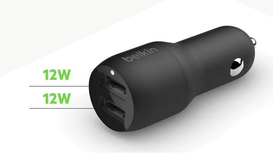 Belkin BoostCharge 24W Dual USB-A Car Charger - Black (CCB001btBK), 2xUSB-A (12W), Safe  Optimized, Apple iPhone, CEW $2,500, 2 Years Warranty