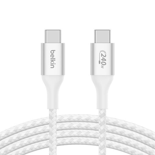 Belkin BoostCharge USB-C to USB-C Cable (1M) - White (CAB015bt1MWH), 240W, 30K+ bend, Double Braided, Samsung Galaxy, iPad, MacBook, 2 Years Warranty