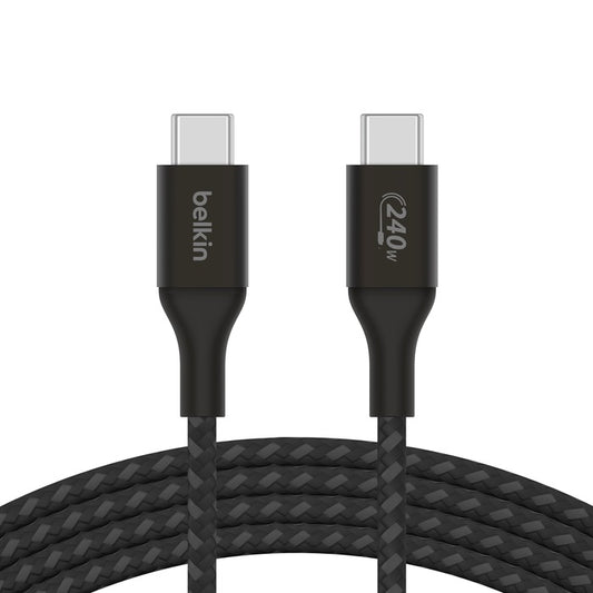 Belkin BoostCharge USB-C to USB-C Cable (2M) - Black (CAB015bt2Mbk), 240W, 30K+ Bend, Double Braided, Samsung Galaxy, iPad, MacBook, 2 Years Warranty