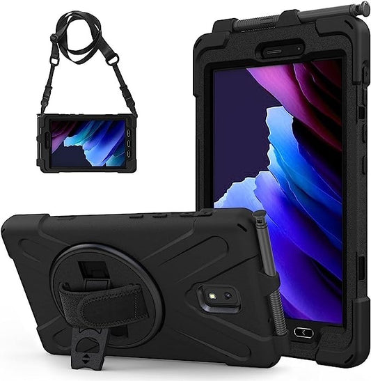 USP Rugged Samsung Galaxy Tab Active5 / Tab Active3 (8") Case Black - Built-in-Kickstand, Adjustable Hand Strap, Shoulder Strap, Pen Holder