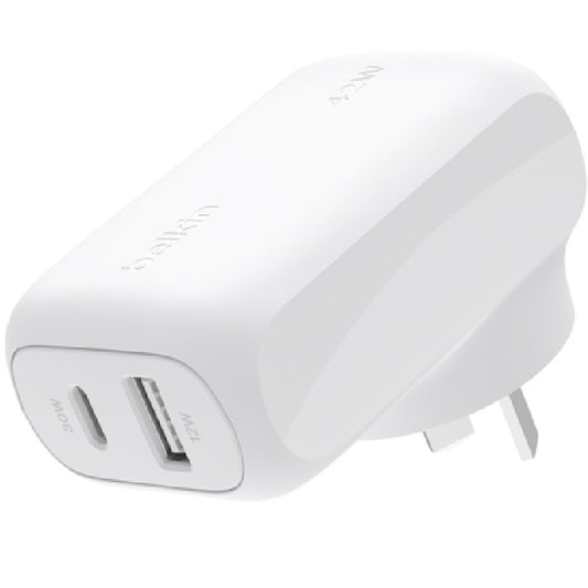 Belkin BoostCharge 42W USB-C PD 3.0 PPS Dual Wall Charger - White (WCB009auWH), 30W USB-C, 12W USB-A, Dynamic Power,Safe  Efficient, 2 Years Warranty