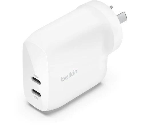 Belkin BoostCharge Pro 60W Dual USB-C PD 3.1 PPS Wall Charger - White (WCB010auWH), 2XUSB-C Ports  ,Compact  Travel Ready, 2 Years Warranty
