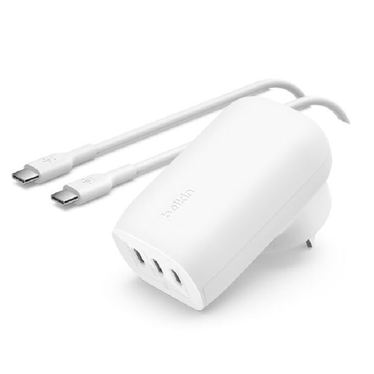 Belkin BoostCharge 67W 3-Port USB-C PPS Wall Charger + USB-C to USB-C Cable – White (WCC002au2MWH-B6), 20W 2-Ports, 25W 1-Port,  2 Year Warranty