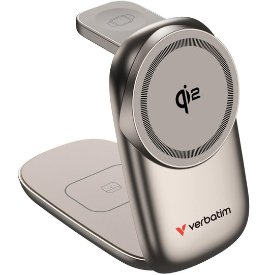 Verbatim 3 in 1 Wireless Docking Qi2 Certified, Magnetic Wireless Charging. 2.5W/5W/15W