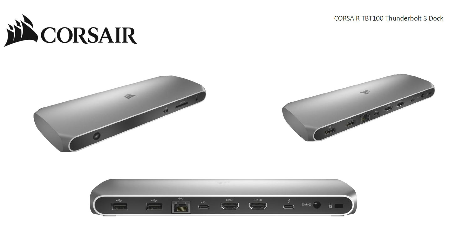 Corsair TBT100 Thunderbolt 3 , 2x USB-C 3.2, 2x 4K @ 60Hz HDMI, GB Ethernet, SDXC Card, Slim Aluminum. 100w Adaptor, 85w PD,  MS  MAC Docking Station