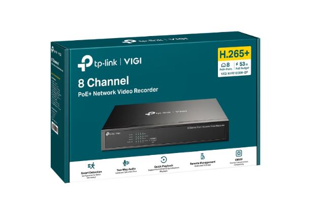TP-Link VIGI NVR1008H-8P 8 Channel PoE+ Network Video Recorder, 53W PoE Budget, H.265+, 4K Video Output  16MP Decoding Capacity (HDD Not Included)