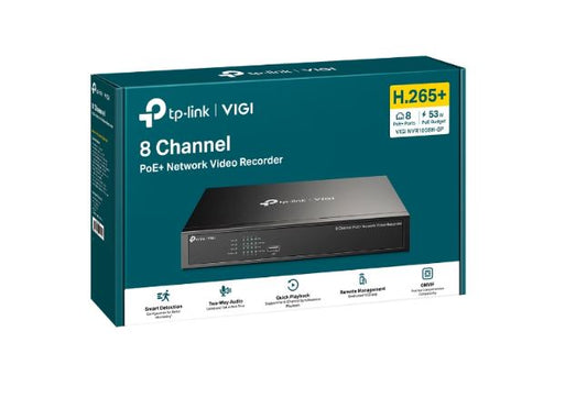 TP-Link VIGI NVR1008H-8P 8 Channel PoE+ Network Video Recorder, 53W PoE Budget, H.265+, 4K Video Output  16MP Decoding Capacity (HDD Not Included)