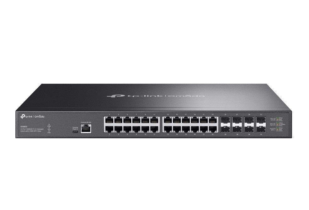 TP-Link SX3832 Omada 24-Port 10GBASE-T L2+ Managed Switch with 8 10GE SFP+ Slots (SX3832)?24× 1/2.5/5/10 Gbps RJ45 ports?8× 1/10 Gbps SFP+ slots; 640