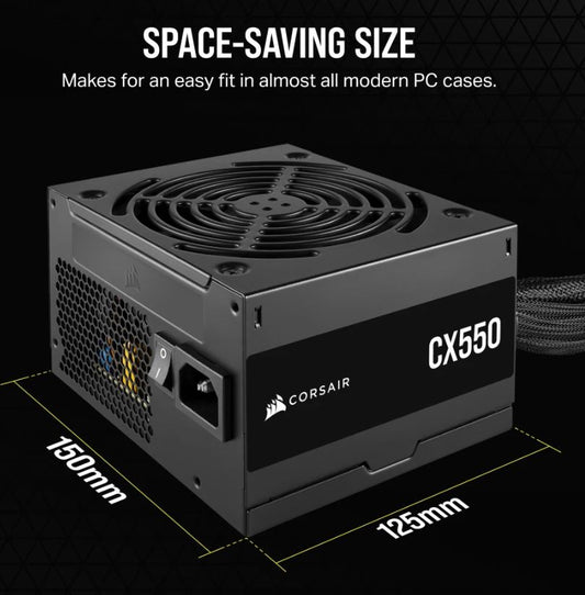 (LS)Corsair CX550 550W, 80 PLUS Bronze Certified, Up to 88% Efficiency,  Compact 125mm design easy fit and airflow, ATX PSU 2023