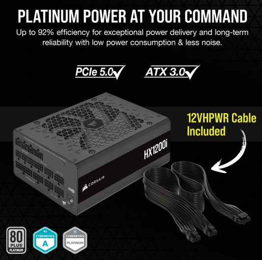 (LS)Corsair HX1200i ATX High Performance Platinum PSU, ICUE 2024. PCIe 5.0, ATX 3.1, 12VHPWR Cable included.