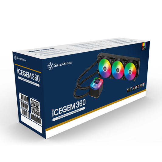 Silverstone IceGem 360 high-performance ARGB AIO liquid cooler with 3 x 120mm ARGB fans
