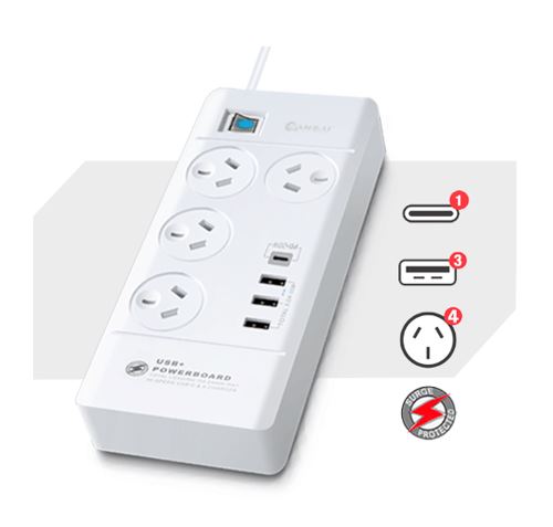 Sansai 4 Outlet 3xUSB-A  1xUSB-C Powerboard Master On/Off switch Surge and overload protected Fast charging 1M 20W 220-240V 10A IV Retail box