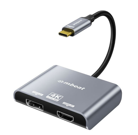 mbeat Tough Link USB-C to DPHDMI Dual 4K/60Hz MST Adapter 4K (3840x2160) @ 60Hz, 4K (3840x2160) @ 30Hz, 2K (2560x1440) @ 60Hz - Space Grey