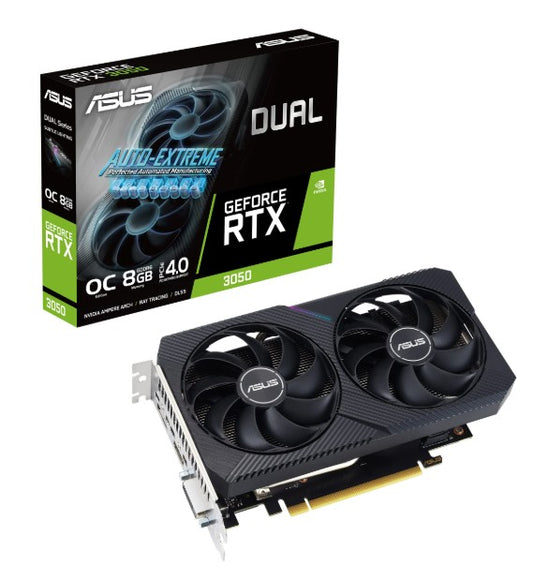 ASUS nVidia GeForce DUAL-RTX3050-8G-V2 RTX™ 3050 V2 8GB GDDR6 with two powerful Axial-tech fans and a 2-slot design for broad compatibility